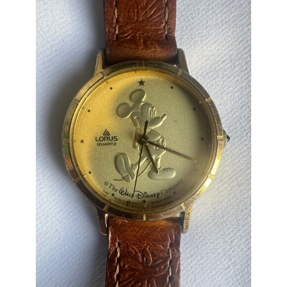 Vintage Lorus Disney Mickey Mouse Watch Gold Dial Brown Leather Quartz Runs main image 12